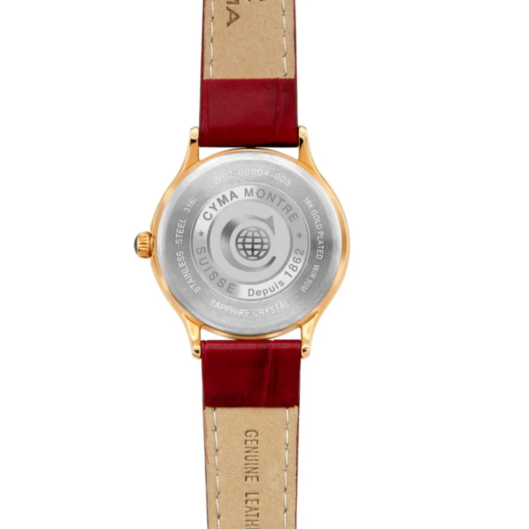 CYMA BELLE WOMEN'S SWISS QUARTZ WATCH — WHITE & ROSE GOLD CZ RED LEATHER (W02-00804-003) - Image 3