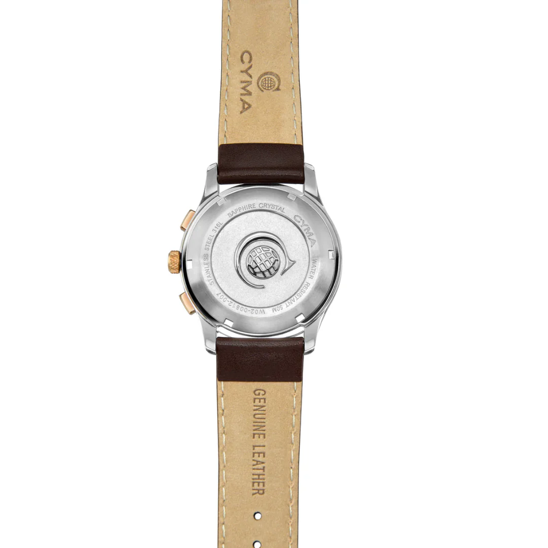 CYMA CHAMPION MEN'S SWISS QUARTZ CHRONOGRAPH — ROSE GOLD, BLUE SAND-BLAST DIAL & DARK BROWN LEATHER (W02-00812-014) - Image 3