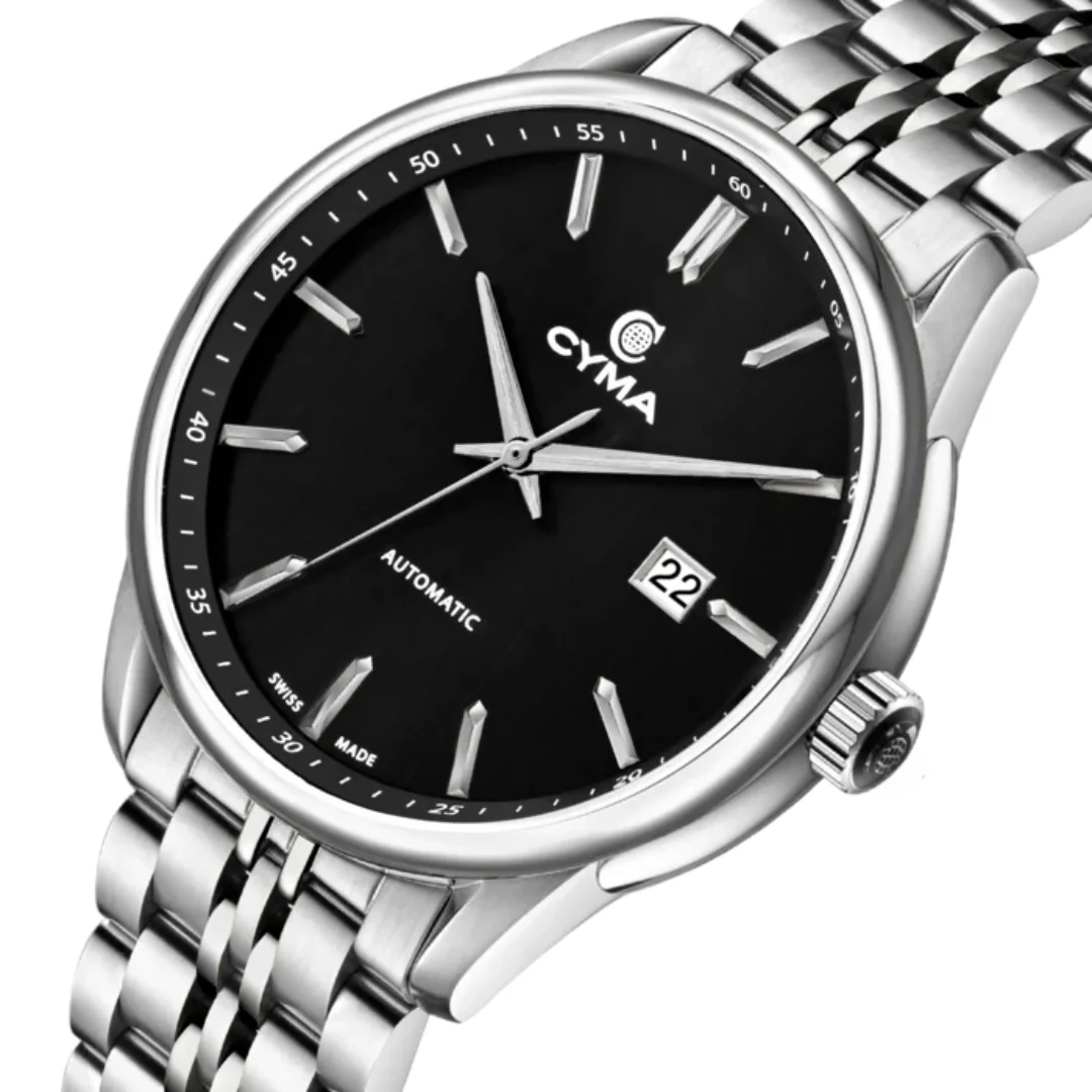 CYMA CHARISMA MEN'S SWISS AUTOMATIC WATCH — BLACK & SILVER STEEL (W02-00814-002) - Image 2