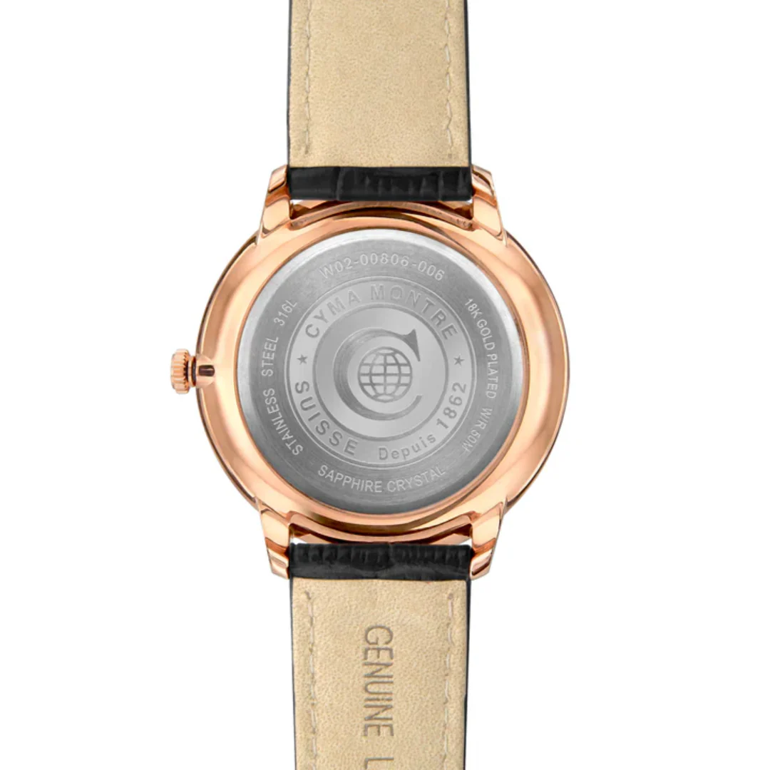 CYMA INTELLIGENTSIA MEN'S SWISS QUARTZ WATCH — ROSE GOLD & BLACK LEATHER (W02-00806-006) - Image 3