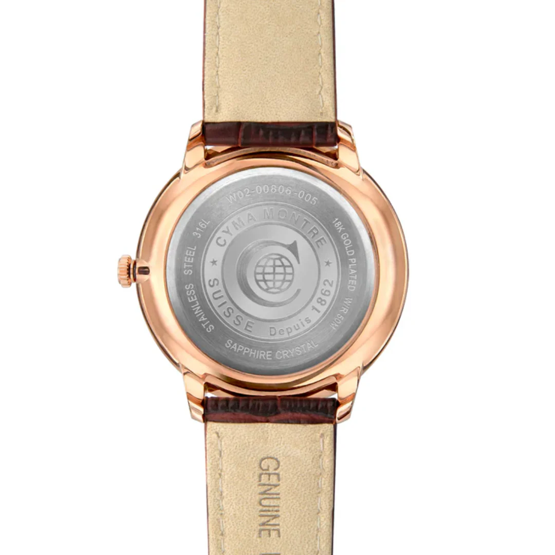 CYMA INTELLIGENTSIA MEN'S SWISS QUARTZ WATCH — ROSE GOLD & BROWN LEATHER (W02-00806-005) - Image 3